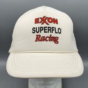 Vintage Exxon SUPERFLO Hat Cap Snapback Motor Oil Racing Rope‎  Trucker White